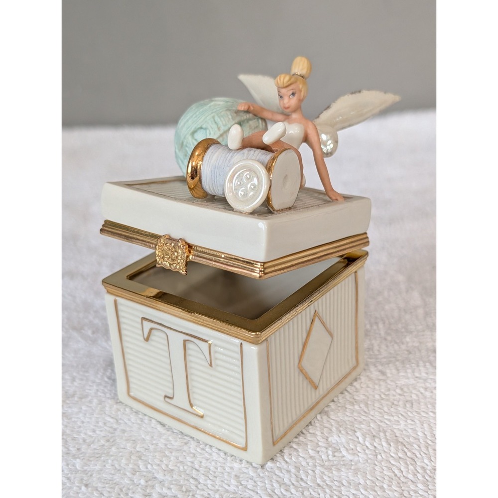 Disney Lenox Tinker Bell Tumbling Tink Treasure Box Porcelain Trinket Gold Yarn
